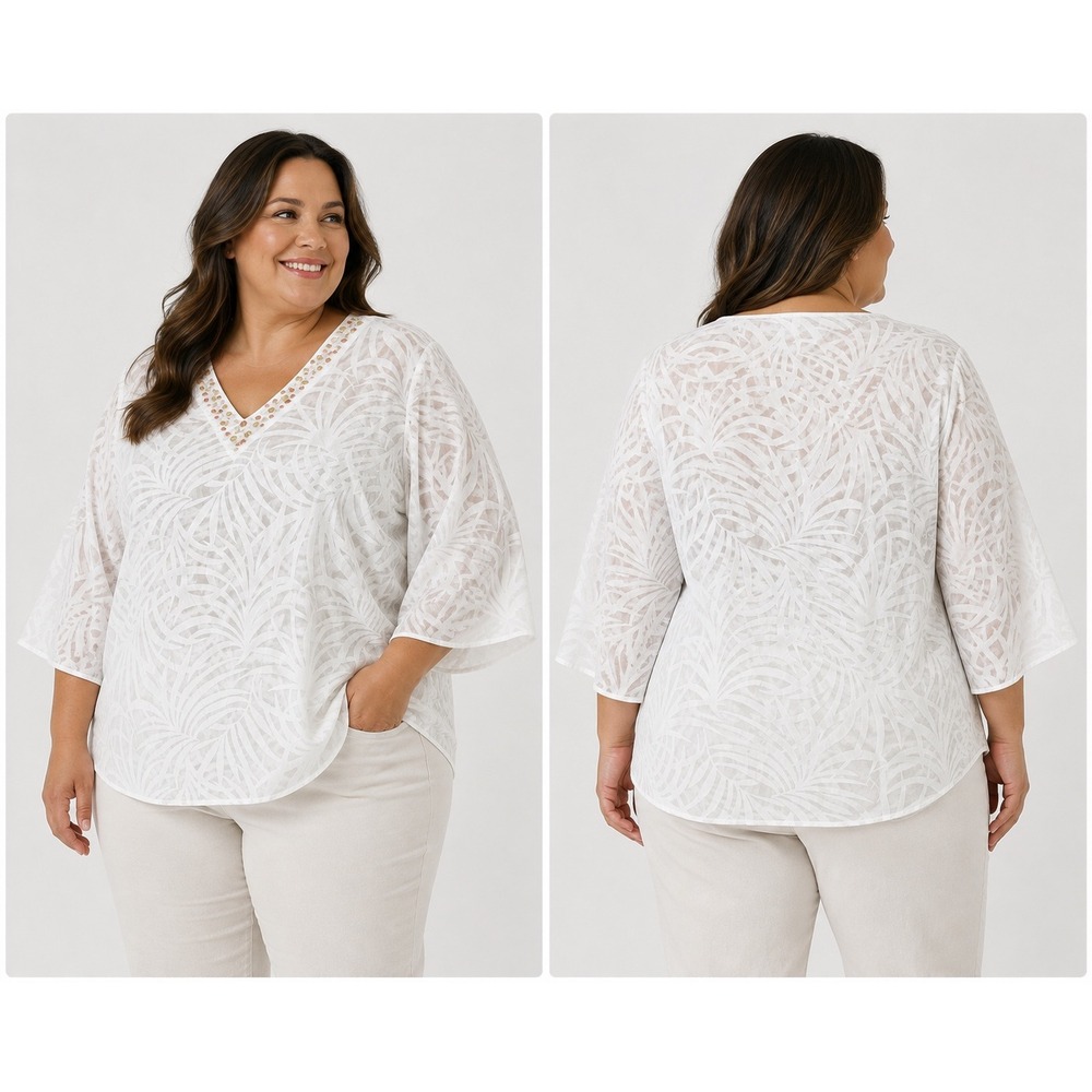 Ruby Rd Woman White Sheer Burnout‎ Palm Leaf Beaded V-Neck Top Size 18W NWT